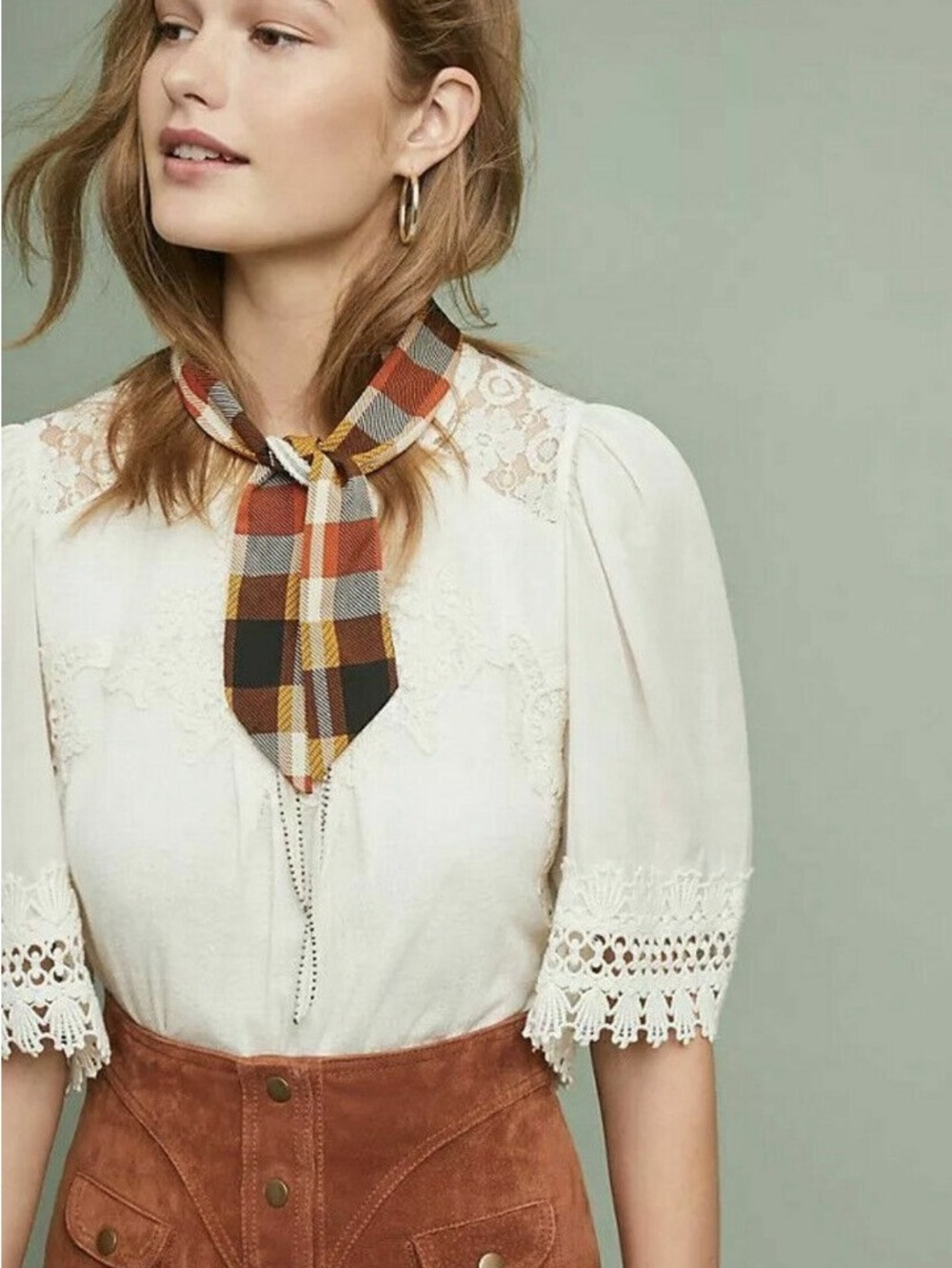 Anthropologie Cream Lace-Trim Women's Blouse
